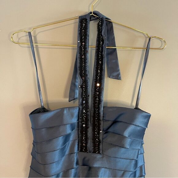 BCBGMaxAzria Blue Grey Woven Embellished Halter Dress | SZ 4 - Picture 16 of 16